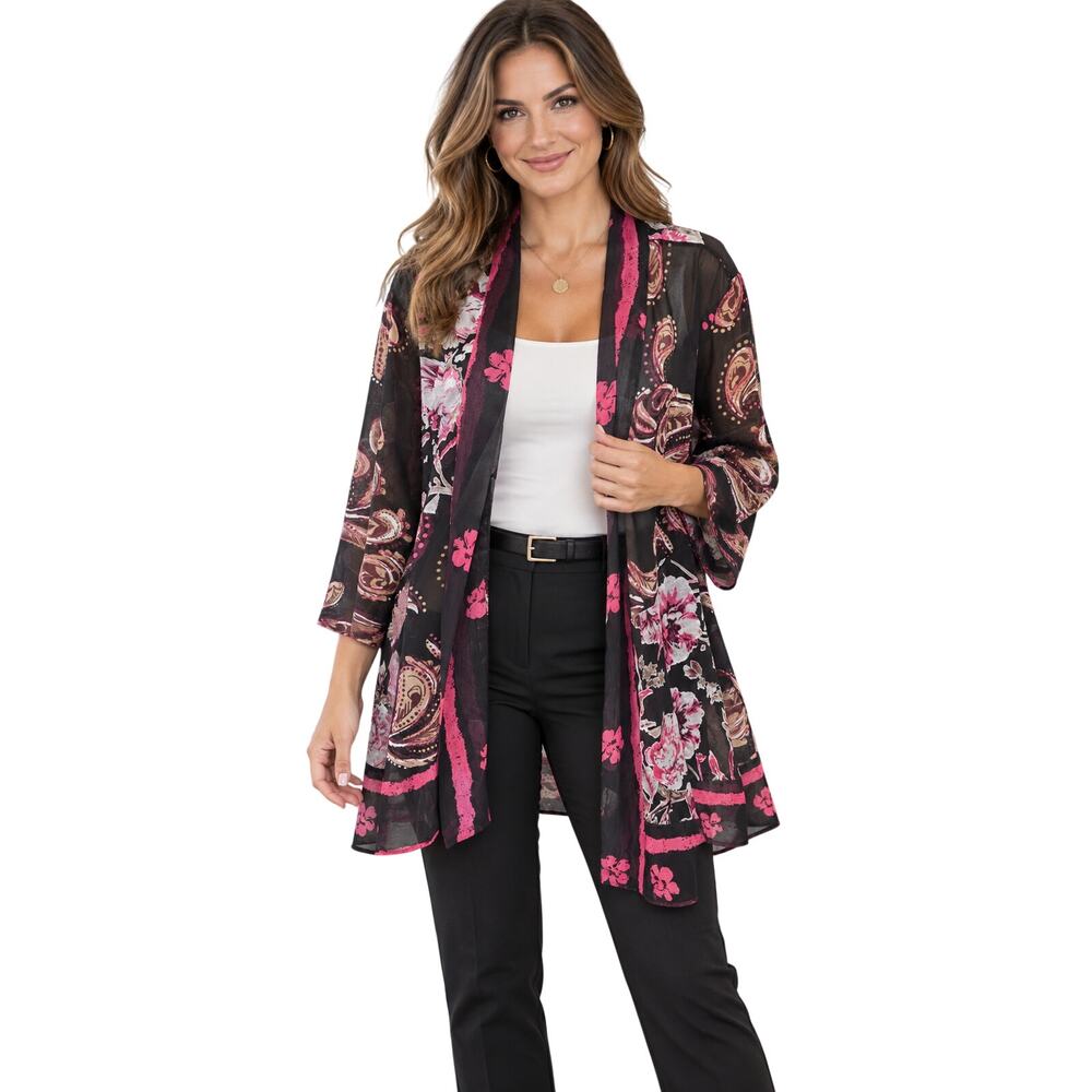 Chicos 2 (L) sheer cardigan coquette layering top open colorful career casual